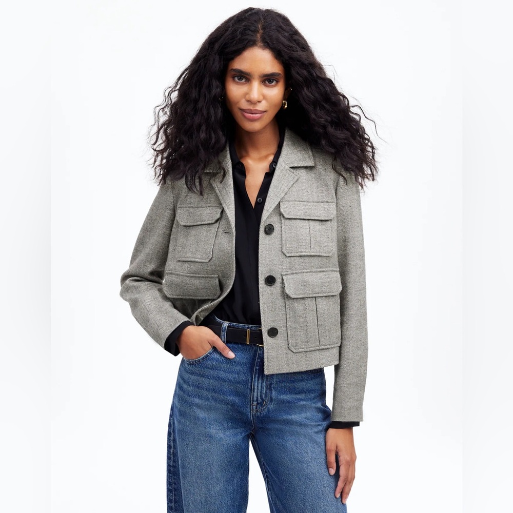 NWT Madewell Flap Pocket Field Jacket in Herringbone 0 Slate Grey $258 NT639